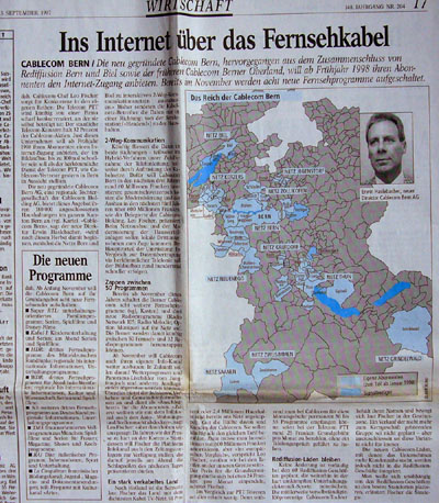 Das waren noch goldene Cablecom-Zeiten... "Bund" vom 3. September 1997 (Klicken für grössere Fassung)