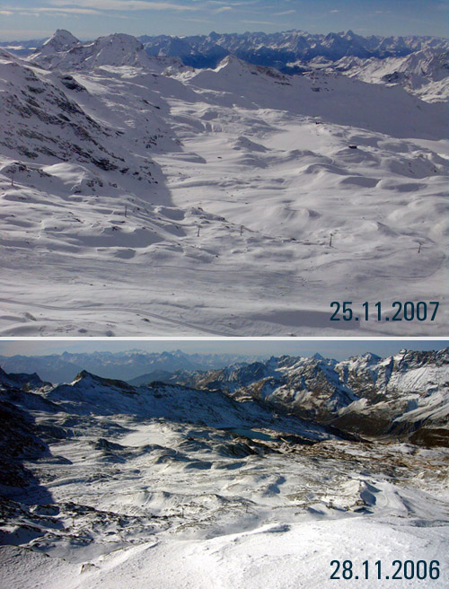 Vergleich Schneeverhältnisse Ende November 2006-2007, Cervinia-Seite

