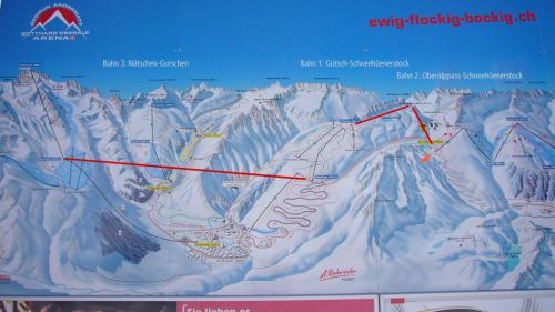 Skizze möglicher Anlagen: Sesselbahnen Gütsch - Schneehüenerstock - Oberalppass, Gondelbahn quer übers Tal auf den Gurschen (Ziel: Weg vom Bahnhof Andermatt zur Talstation der Gemsstockbahn muss entfallen). Alternative: Gemsstockbahn ab Bahnhof neu bauen.
