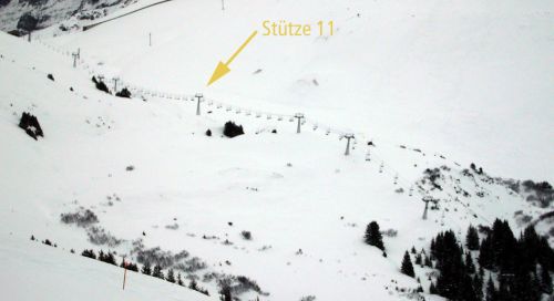 Sesselbahn Fallboden, 14. Januar 2008 (links von der Bildmitte die Stütze 11)
