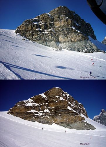 Vergleich November 2006 - Mai 2009, kurz vor dem Furggsattel... das sind endlich mal gute News! Allerdings muss man sagen, dass das Eis vor 10 Jahren hier 10-15 Meter dicker war.
