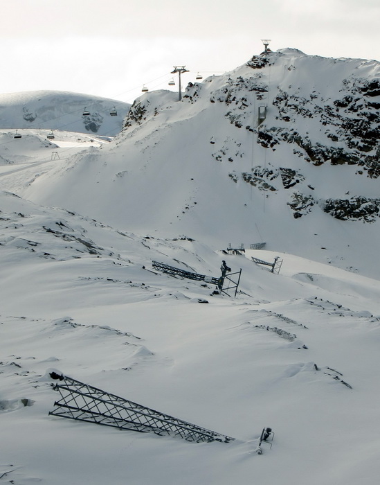Gefällte Stützen im Schnee
