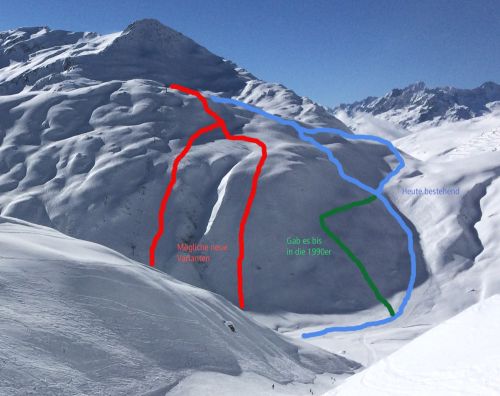 Idee: Ins Val Val gibt es derzeit von beiden Seiten nur je eine "Schlauch"-Verbindung. Da dies die einzige Pistenverbindung Andermatt-Sedrun ist und Steilhänge sowieso Mangelware im Gebiet... wie wäre es mit je einer neuen Steilen Piste den SB entlang? Würde das Gebiet m.E. massiv aufwerten und die Engpässe entschärfen. Hier mögliche Varianten.
