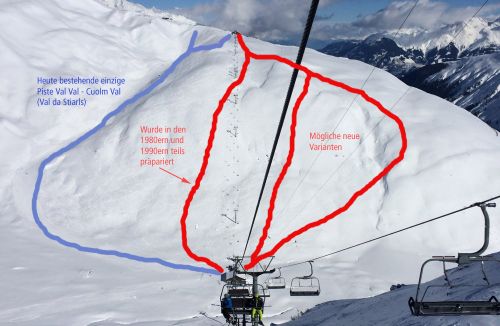Idee: Ins Val Val gibt es derzeit von beiden Seiten nur je eine "Schlauch"-Verbindung. Da dies die einzige Pistenverbindung Andermatt-Sedrun ist und Steilhänge sowieso Mangelware im Gebiet... wie wäre es mit je einer neuen Steilen Piste den SB entlang? Würde das Gebiet m.E. massiv aufwerten und die Engpässe entschärfen. Hier mögliche Varianten.
