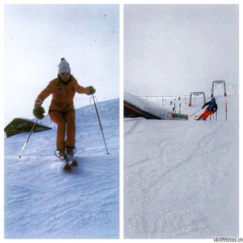 Meine direkteste Vorfahrin im Januar 1970 und im März 2018 am gleichen Ort vor der Tegia dil Nurser (Tagia Gronda)

