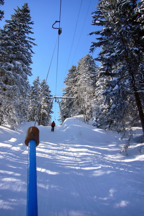 Steil gehts nach der Strasse durch den tief verschneiten Wald
