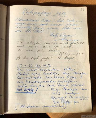 Aus dem Hüttenbuch im Selital (Dezember 1956: "Herr Münger hat mit dem Bau dieses Liftes ein Freudenparadies geschaffen")
