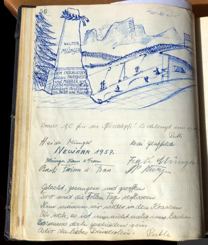 Aus dem Hüttenbuch im Selital (Neujahr 1957, virtuelles Denkmal für den Skilift-Gründer)

