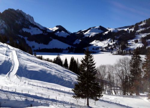 Da hinten auf der anderen Seeseite war die Talstation des Sesselliftes auf den Schwyberg
