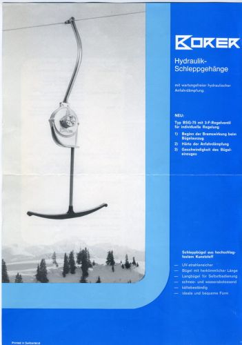 Prospekt (zweiseitiger Flyer) des zweiten Hydro-Gehänges BSG-75 von Borer, ca. 1975, Vorderseite (Archiv WSO Oetwil)
