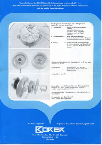 Prospekt (zweiseitiger Flyer) des zweiten Hydro-Gehänges BSG-75 von Borer, ca. 1975, Rückseite (Archiv WSO Oetwil)

