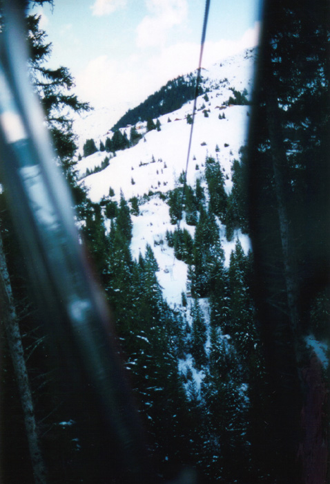 Müller-4er-Gondelbahn Savognin-Radons, Januar 1988, immens langes Spannfeld
