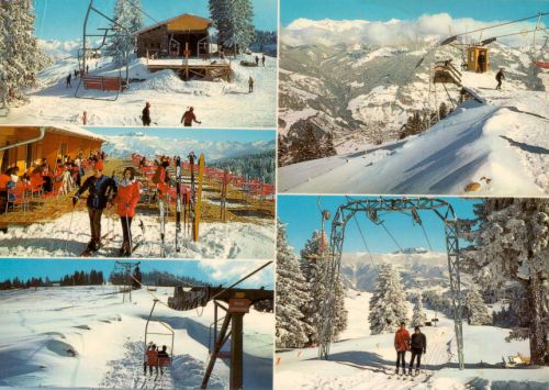 Postkarte Grüsch, gestempelt 1981, WSO-Anlagen: Sessellifte Grüsch-Cavadura und Cavadura-Schwänzelegg, Skilift "Suny" Danusa (Foto Gross, St. Gallen - St. Fiden)
