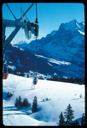 In der 4er-Gondelbahn Grindelwald-Männlichen, Februar 1982 (Diascan)
