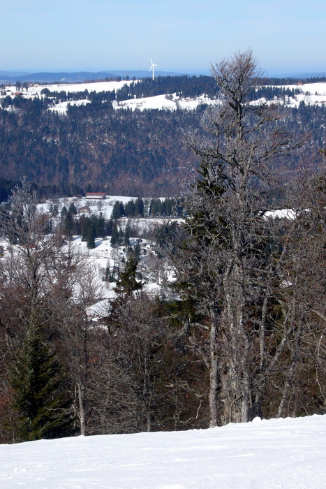 Blick über den Vallon de St-Imier zu den Eoliennes / Windkrafträdern beim Mont Crosin - dahinter endet der Skilift Les Breuleux... Video und Bilder dazu [url=http://www.jacomet.ch/themen/skilift/album/thumbnails.php?album=215]hier[/url] 
