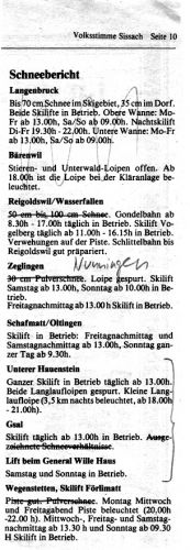 Schneebericht in der "Volksstimme" Sissach, Winter 1988
