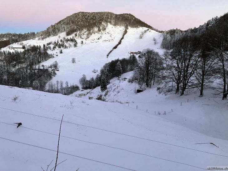 Bereich Ex-Skilift Vogelberg, Sicht zum Ex-Skilift Chellenchöpfli, 12. Januar 2024
