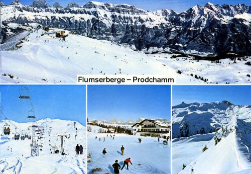 Postkarte Nr. 989 (Farbfoto A. Steinemann, Tannenbodenalp), gestempelt 27.2.1974, "Flumserberge - Prodchamm", Archiv J. Schuler. Habegger-Sesselbahn und Oehler-Skilift ([url=http://www.jacomet.ch/themen/skilift/album/thumbnails.php?album=48]mehr dazu hier[/url]). Seit 2006 steht am Prodkamm [url=http://www.flumserberg.ch/sommer/de/news/news/items/Neue+8er+Sesselbahn+Prodkamm.htm]die erste 8er-Sesselbahn der Schweiz[/url].
