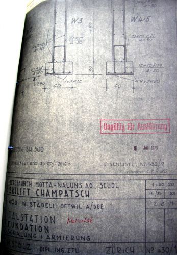 Teil eines offenbar nicht zur Ausführung bestimmten Planes einer US-120-Anlage, beschriftet mit "Skilift Champatsch" (Archiv Bergbahnen Sedrun, in den Unterlagen [url=http://www.jacomet.ch/themen/skilift/album/thumbnails.php?album=28&page=3]des nie gebauten Skiliftes Mulinatsch[/url])
