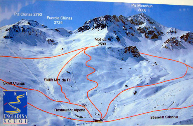 Posrkarte aus den frühen 1990er-Jahren - die Skilifte wurden 1995/1999 durch 4er-Sesselbahnen ersetzt,  [url=http://www.jacomet.ch/themen/skilift/album/index.php?cat=21]Bilder der neuen Anlagen hier[/url]
