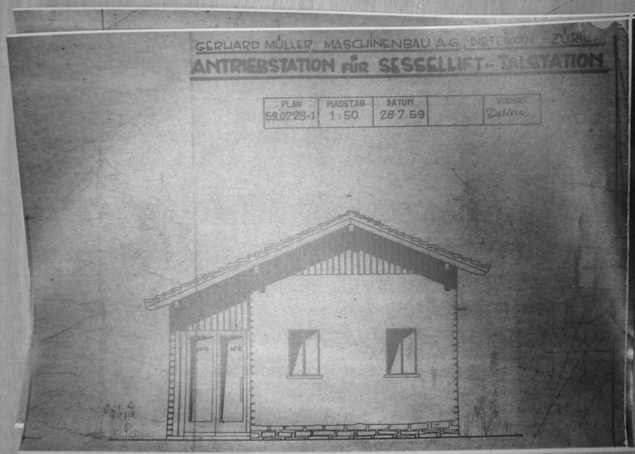 Plan der Firma Gerhard Müller Maschinenbau AG Dietlikon (GMD) für Sessellift-Talstation, 28. Juli 1959
