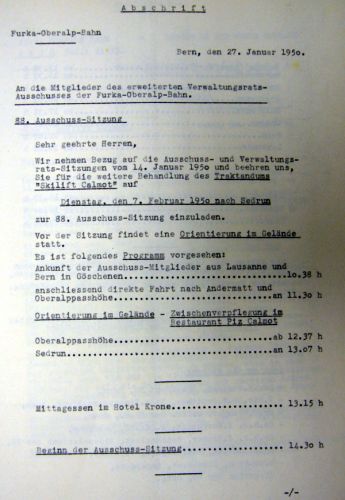 Zeitplan zur Orientierung am 7. Februar 1950 am Oberalppass und in Sedrun - [b]Allgemeine Anmerkung zu all diesen Dokumenten[/b]: Durch ein weiteres Anklicken der grösseren Fassung erscheint eine gut lesbare Originalfassung!
