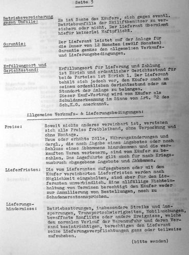 Seite 3 des Vertrages mit der "Skima Skilift- u. Maschinenbau G.m.b.H. in Zürich 11, Murhaldenweg 16"
