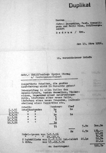 Aufstellung der Skima-Kosten verschiedener Wartungsarbeiten , 19. März 1956
