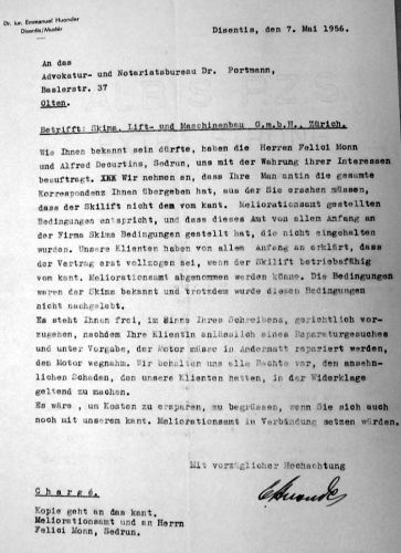 Anwalt Emmanuel Huonder antwortet am 7. Mai 1956. Interessant: Skima hatte offenbar vorgegeben, den Motor in Andermatt zu reparieren, diesen aber weggenommen...
