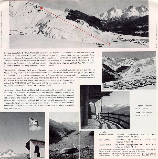 Prospekt von 1956 (Quelle: [url=http://mypage.bluewin.ch/hendry-tarcisi/Cungieri2.htm]Archiv und Website von Tarcisi Hendry[/url]). - Die Sesselbahn war von der "Sutgera SA Sedrun-Cungieri" gebaut (Sutgera ist das romanische Wort für Sesselbahn) und vor allem aus "unterländer" Geld finanziert worden; im Tal kamen nur 19% des Aktienkapitals von 195'000 Franken zusammen. Die Anlage kostete 235'000 Franken.
