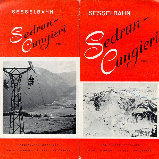Prospekt von 1956 (Quelle: [url=http://mypage.bluewin.ch/hendry-tarcisi/Cungieri2.htm]Archiv und Website von Tarcisi Hendry[/url]) - Der Lift fuhr, obwohl rege gebraucht, bis 1967 kleine Defizite ein oder deckte knapp den Betrieb. Am 27.6.1967 kauften die Bergbahnen Sedrun den Sessellift, nachdem sie kurz zuvor auch den [url=http://www.jacomet.ch/themen/skilift/album/thumbnails.php?album=18]Skilift Surrein[/url] erstanden hatten.
