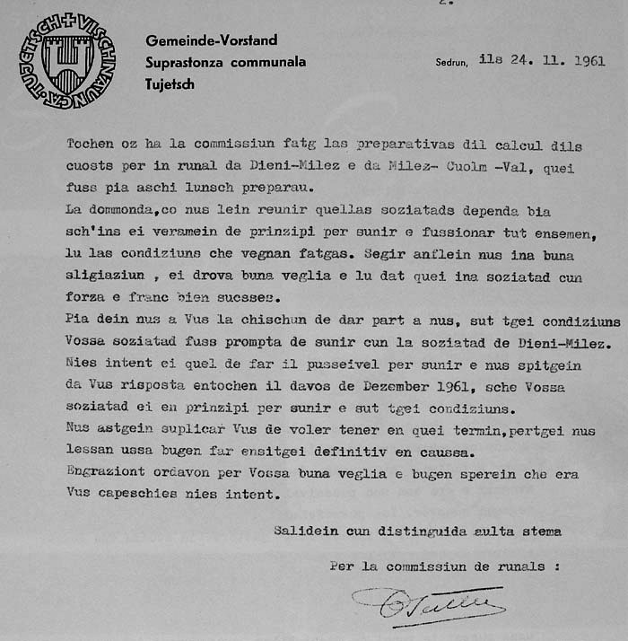 Brief des Gemeindevorstandes Tujetsch an die Sesselbahn Cungieri vom 24.11.1961, Anregung zur Fusion mit der in Gründung begriffenen Skilift-AG
