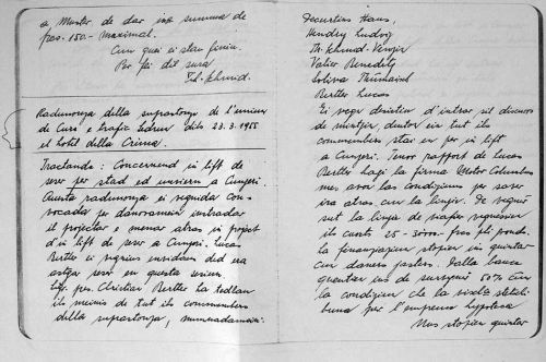 Protokoll des Verkehrsvereins vom 23.3.1955, Besprechung zum Bau eines Sesselliftes in Cungieri ([url=http://www.jacomet.ch/themen/skilift/album/thumbnails.php?album=121]mehr Dokumente zu den Bergbahnen hier[/url]) - Alle Protokolle: Gemeindearchiv Sedrun - Danke an Roman Cavegn (er schreibt 2006 eine Maturaarbeit zu Cungieri und hat die Dokumente zur Verfügung gestellt).
