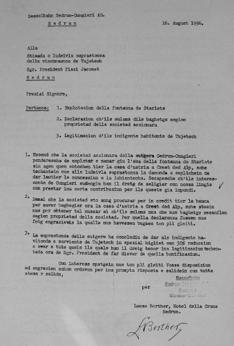 Brief von Lucas Berther (Sesselbahn Sedrun-Cungieri AG) betreffend Benützung einer Quellfassung, Bauten sowie des Rabatts für Einheimische, 16.8.1956
