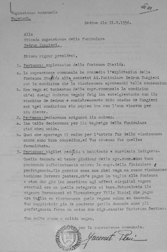 Antwort des Gemeindevorstandes vom 21.8.1956 auf den Brief der Sesselbahn AG vom 16.8.1956
