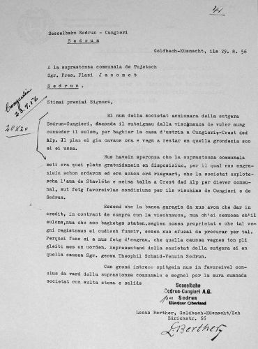 Brief von Lucas Berther vom 29.8.1956, Gesuch um Bau des Restaurants auf Cungieri
