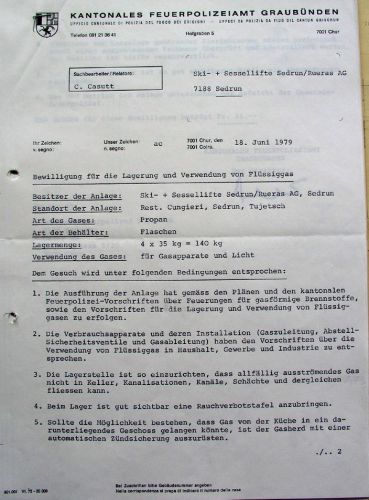 Bewilligung des kantonalen Feuerpolizeiamtes Graubünden zur Lagerung von Flüssiggas, 18.6.1979
