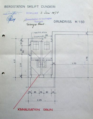 Plan zum Anbau von Toiletten, Zeichnung, Bewilligung vom 2.6.1971
