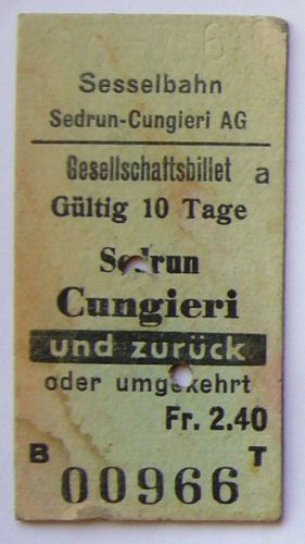Ticket Sesselbahn Cungieri vom 27. Juli 1962 (Archiv Talstation Sesselbahn Val Val)
