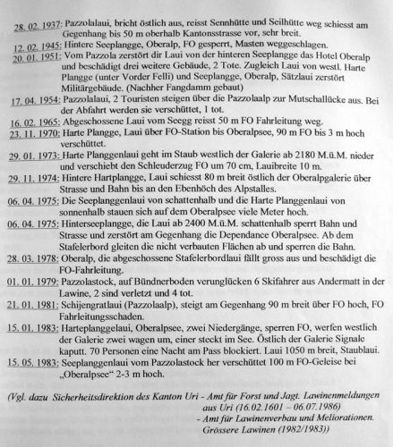 Liste von Lawinen-Niedergängen am Oberalppass 1937-1983 (aus einer Schularbeit, Archiv Fam Schär, Alpsu)
