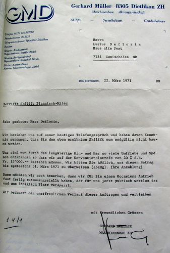 Deflorin wurde die Sache offenbar zu heiss und blies die Sache ab; am 22.3.1971 schreibt die GMD daraufhin einen leicht gehässigen Brief und fordert 15'000 Franken als Konventionalstrafe.
