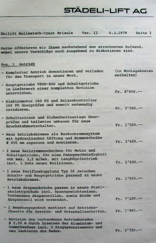 Offerte der Städeli Lift AG vom 6.3.1979 für einen Skilift Mulinatsch, Variante 2, Seite 2
