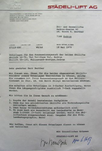 Unterlagen für das Konzessionsgesuch der Skilifte Mulinatsch und Val Val, Brief der WSO, 18. Mai 1979
