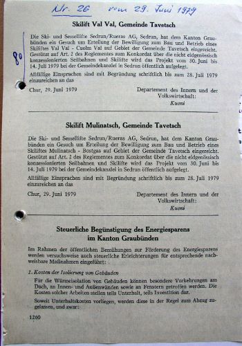Amtsblatt Nr. 26 (29. Juni 1979), Ausschreibung der Liftprojekte [url=http://skiliftfotos.ch/go/valvalskilift]Val Val[/url] und Mulinatsch
