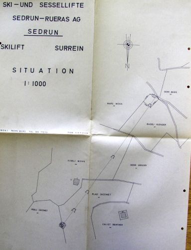 Situationsplan von ca. 1965 mit Stützenstandorten und Landeigentümern. Alle folgenden Dokumente stammen aus dem Archiv der Bergbahnen Sedrun (Merci an Gion Petschen für die grosszügige Hilfe).
