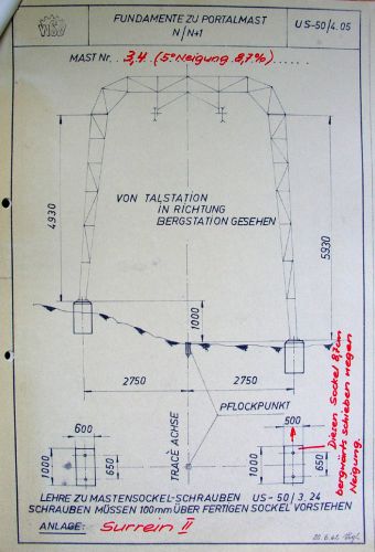 Plan für Portalmast US-50, datiert 20.6.1962 (unten) und 11.7.1966 (1. Seite), für nie verwirklichte Anlage Surrein II.
