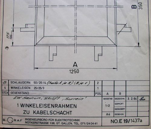 Plan "Winkeleisenrahmen zu Kabelschacht", EW Sedrun, 3.2.1964
