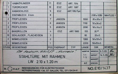 Plan "Stahltüre mit Rahmen", EW Sedrun, 14.5.1965
