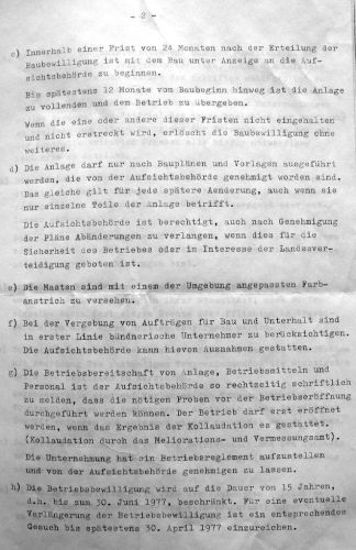 Seite 2 der Betriebsbewilligung - bemerkenswert: "Bei der Vergebung von Aufträgen (...) sind in erster Linie bündnerische Unternehmer zu berücksichtigen. Die Aufsichtsbehöre kann hievon [sic] Ausnahmen gestatten."
