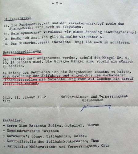 Seite 2 des Berichtes des Meliorationsamtes, unterschrieben am 31.1.1962. Interessant: "Am Anfang des Betriebes ist die Bergstation besetzt zu halten. Nach Gewöhnung der Skifahrer und angesichts des vorhandenen Sicherheitsseiles mit Notabstellung kann auf Zusehen hin darauf verzichtet werden."
